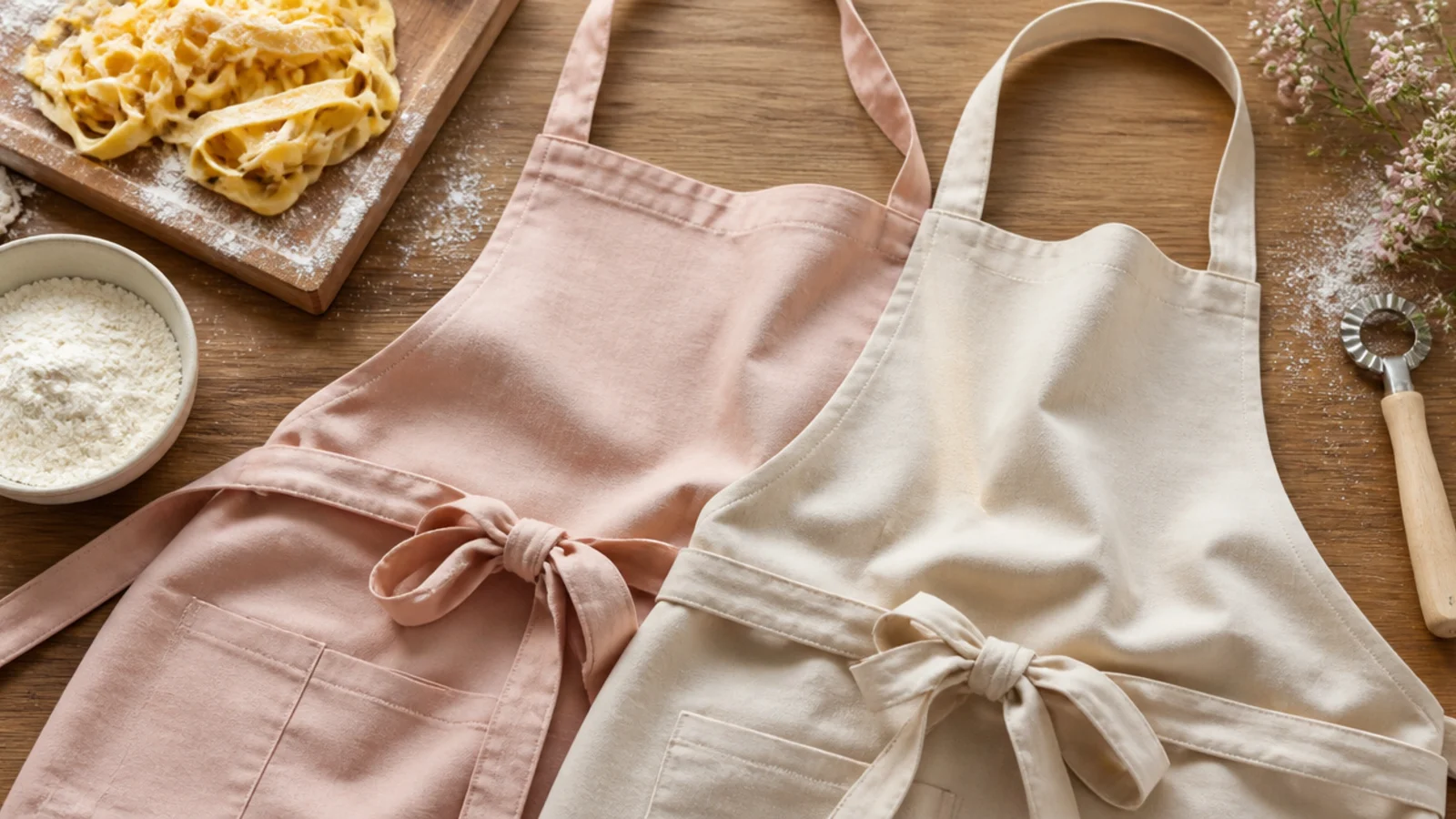 Faceless flat-lay of fresh pasta, flour and two aprons laid out on a wooden kitchen counter