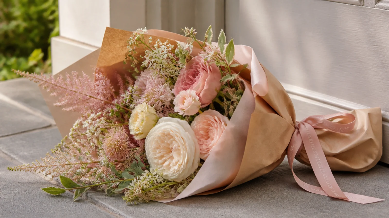 Faceless flat-lay of a seasonal wrapped bouquet of blooms on a doorstep in soft daylight