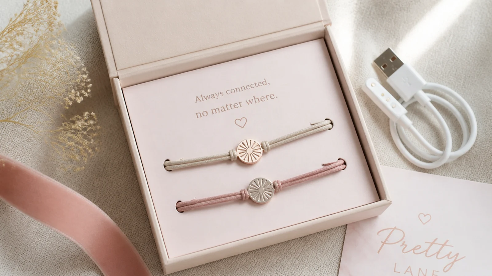 Faceless flat-lay of two paired connected-touch bracelets in a box with a charging cable