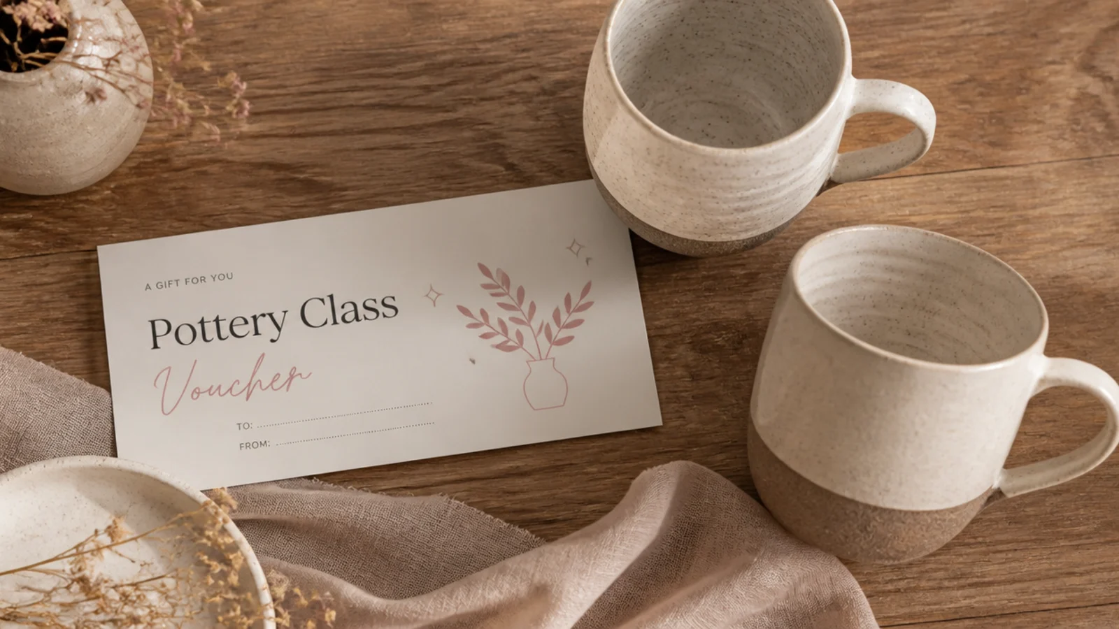 Faceless flat-lay of a pottery class voucher and two handmade ceramic mugs on a wooden table
