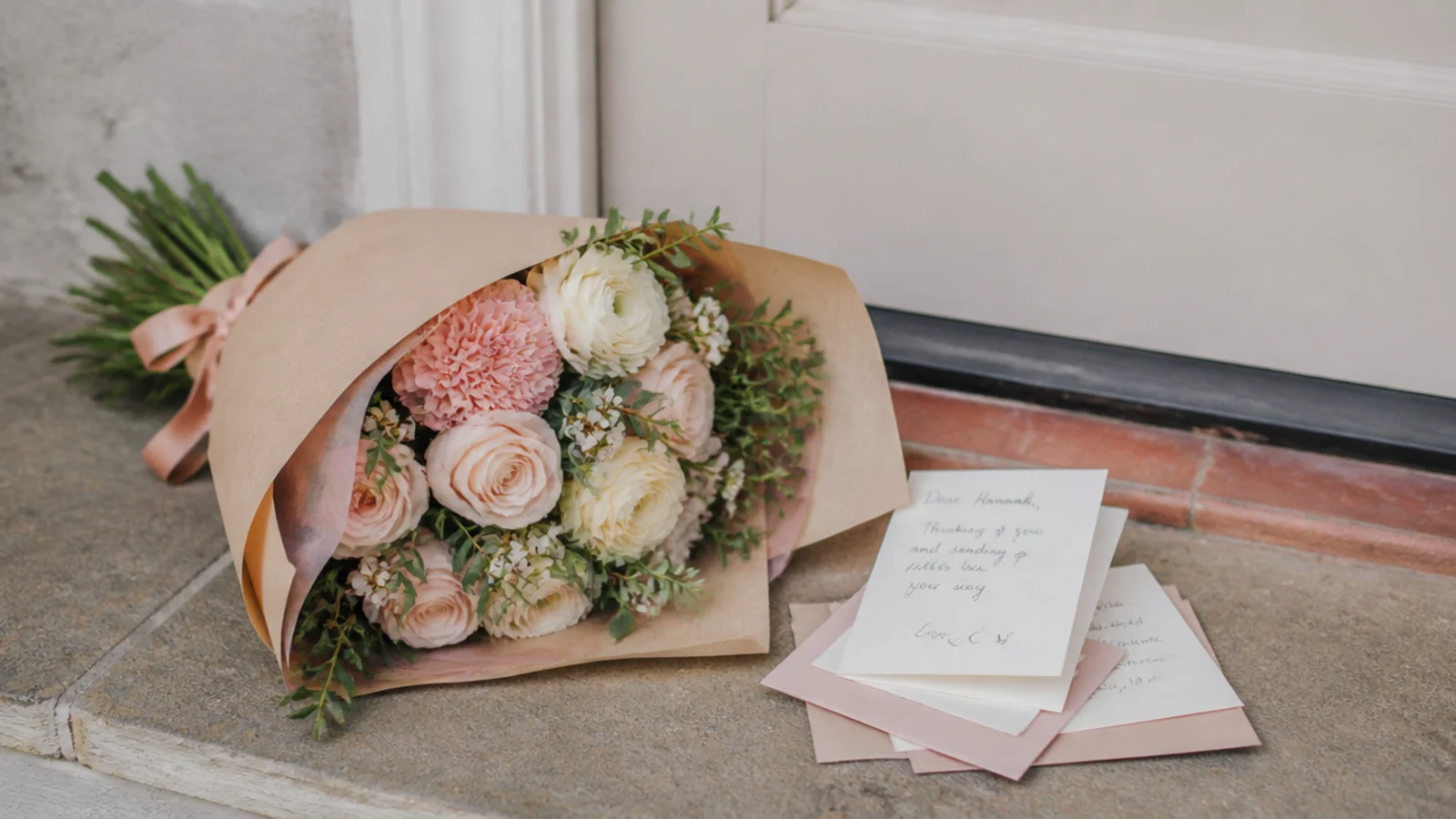 Faceless flat-lay of a wrapped bouquet on a doorstep beside a small stack of handwritten cards