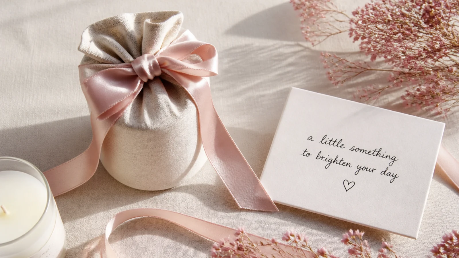 Faceless flat-lay of a modest candle wrapped in fabric with satin ribbon and a handwritten note