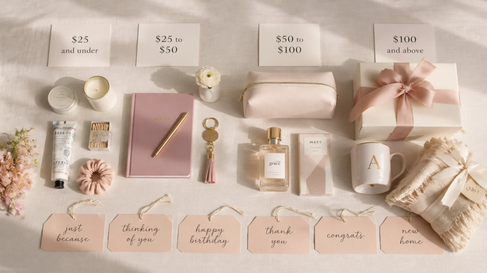 Faceless flat-lay of gifts sorted into price groups with occasion tags on a cream linen surface
