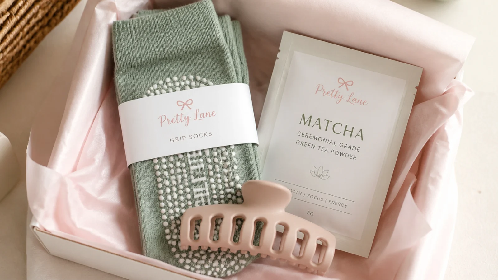 Faceless flat lay of a Pilates gift basket with sage grip socks, a claw clip and a matcha sachet