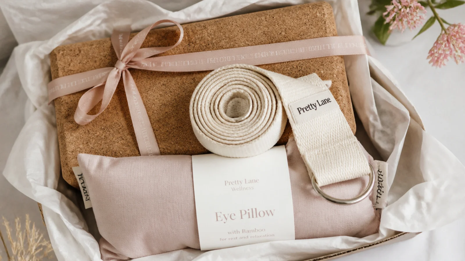 Faceless flat lay of a yoga gift basket with a cork block, a stretching strap and a bamboo eye pillow