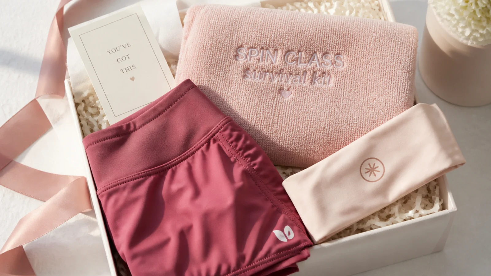 Faceless flat lay of a spin class gift basket with a quick-dry towel, a cooling headband and padded shorts