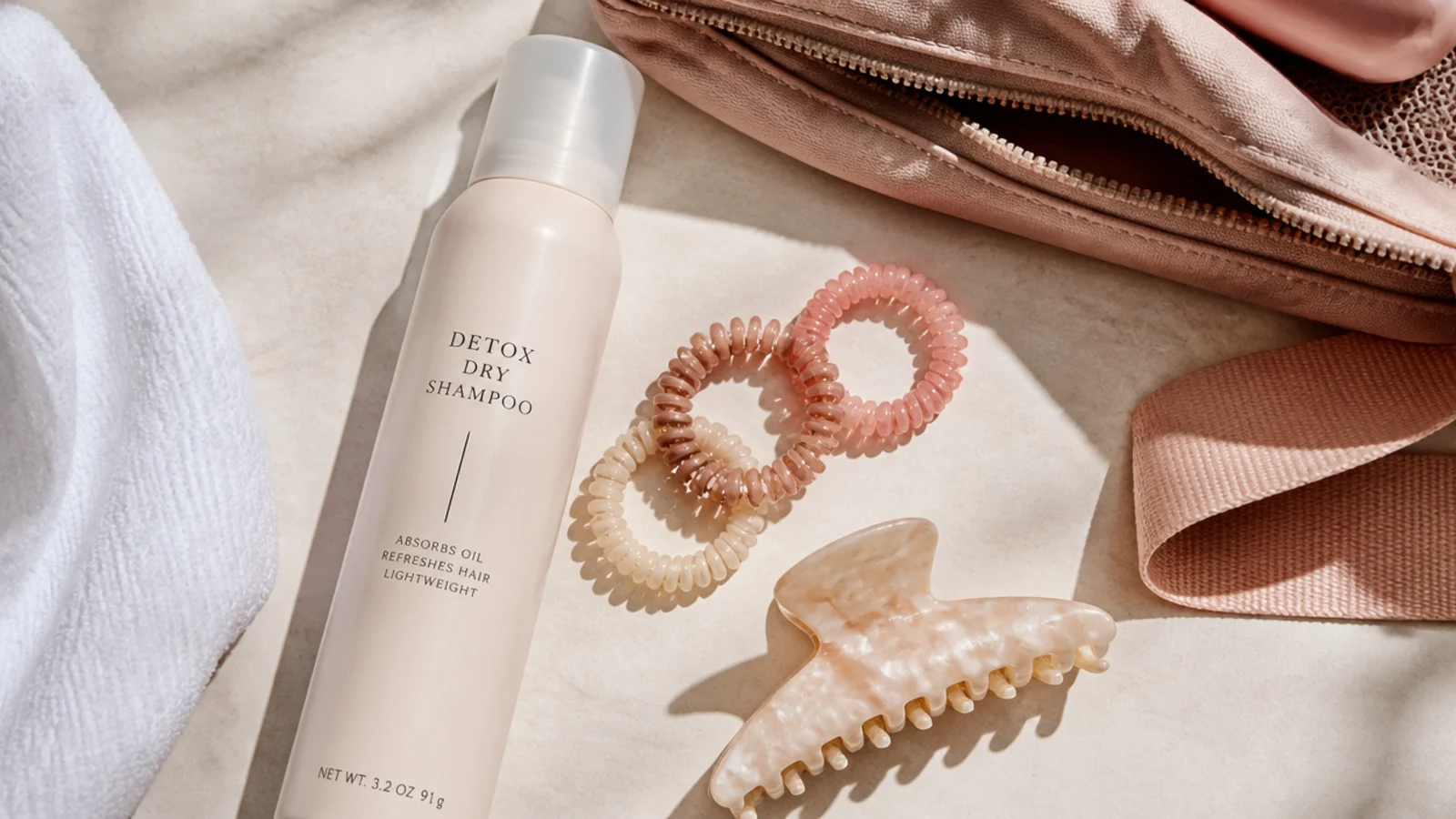 Faceless flat lay of a post-gym hair kit with dry shampoo, spiral hair ties and a silk claw clip