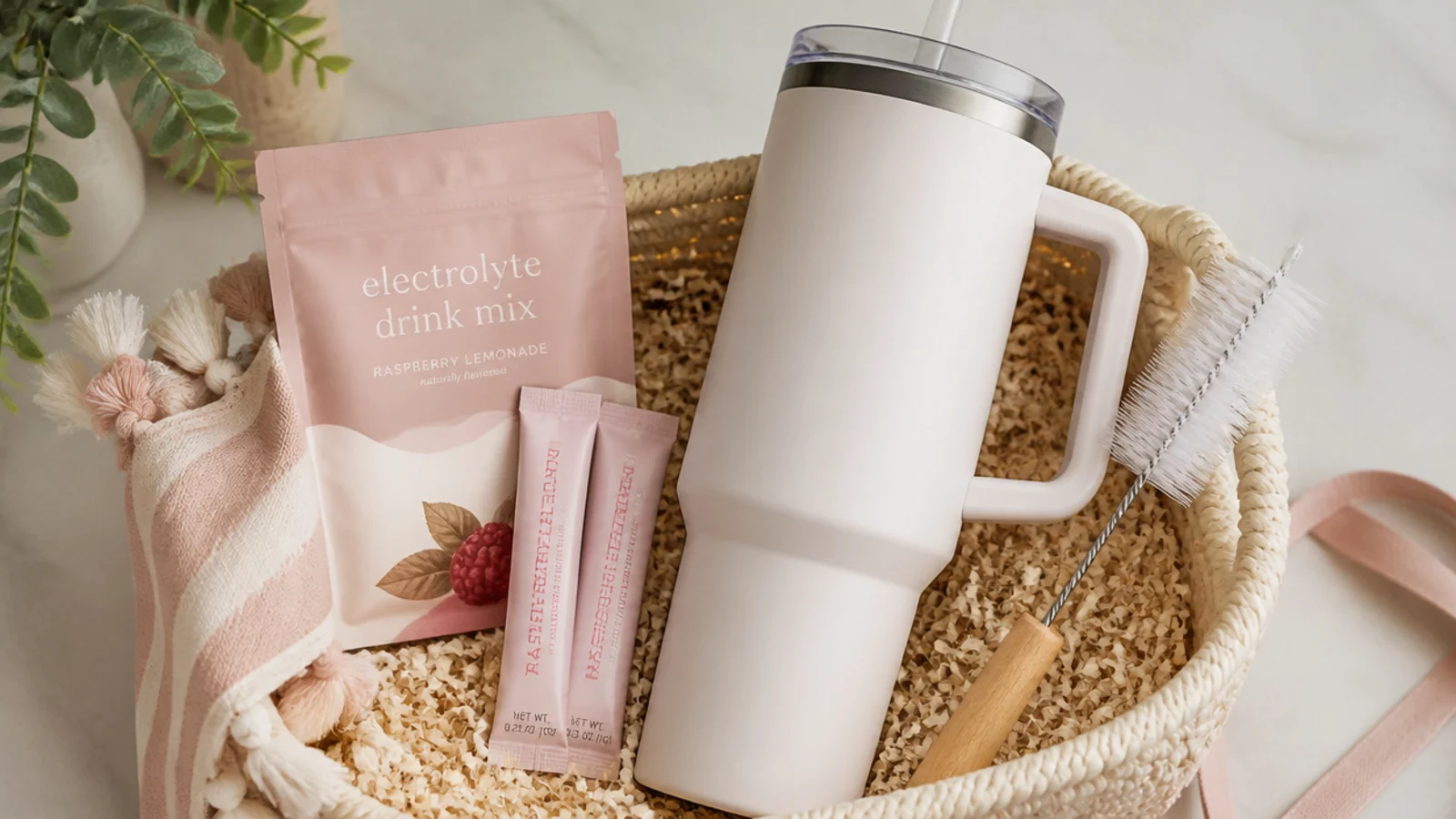 Faceless flat lay of a hydration basket with a 40 ounce insulated tumbler, electrolyte packets and a bottle brush