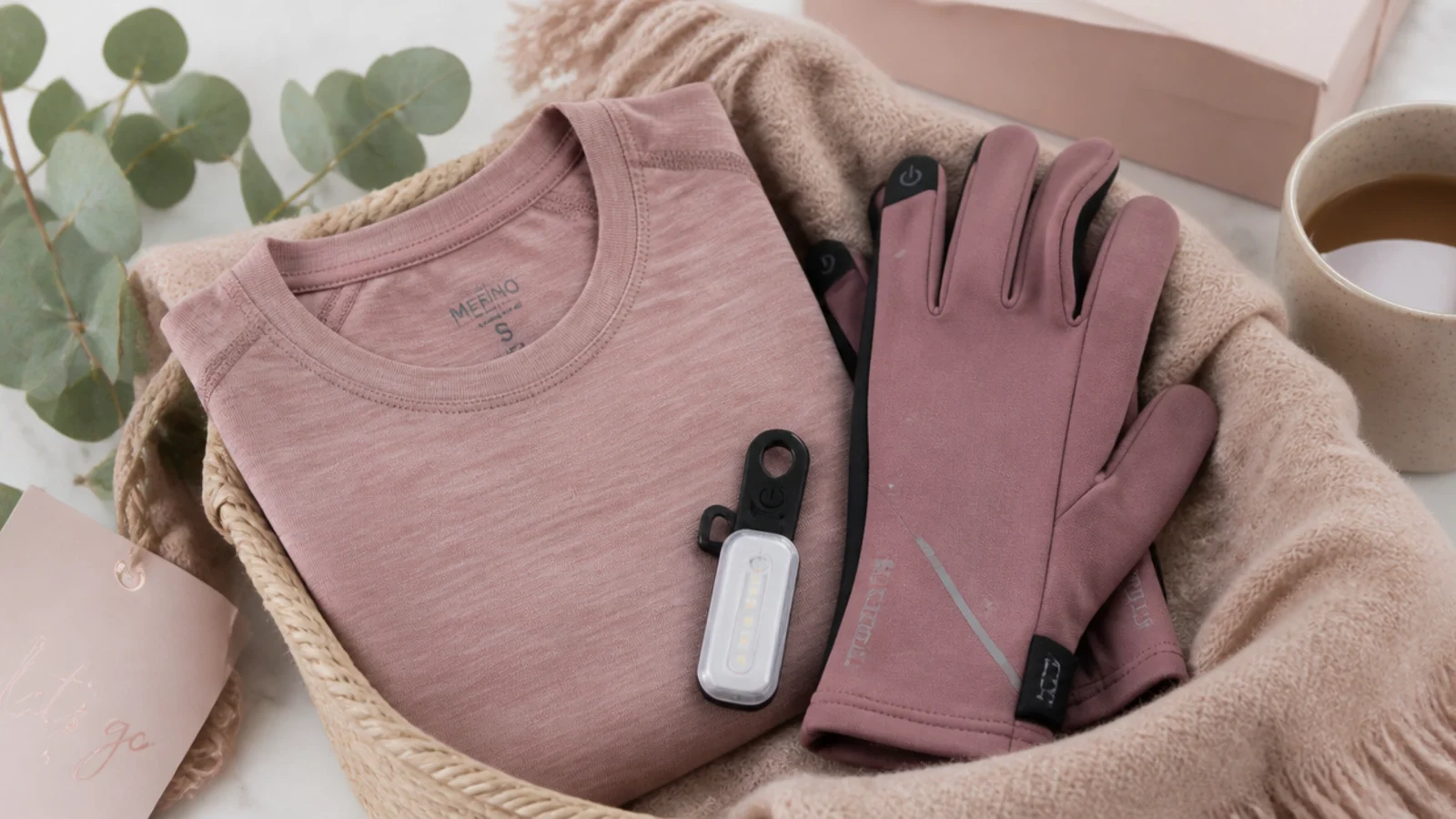 Faceless flat lay of a winter running basket with a merino base layer, touchscreen gloves and a reflective clip light