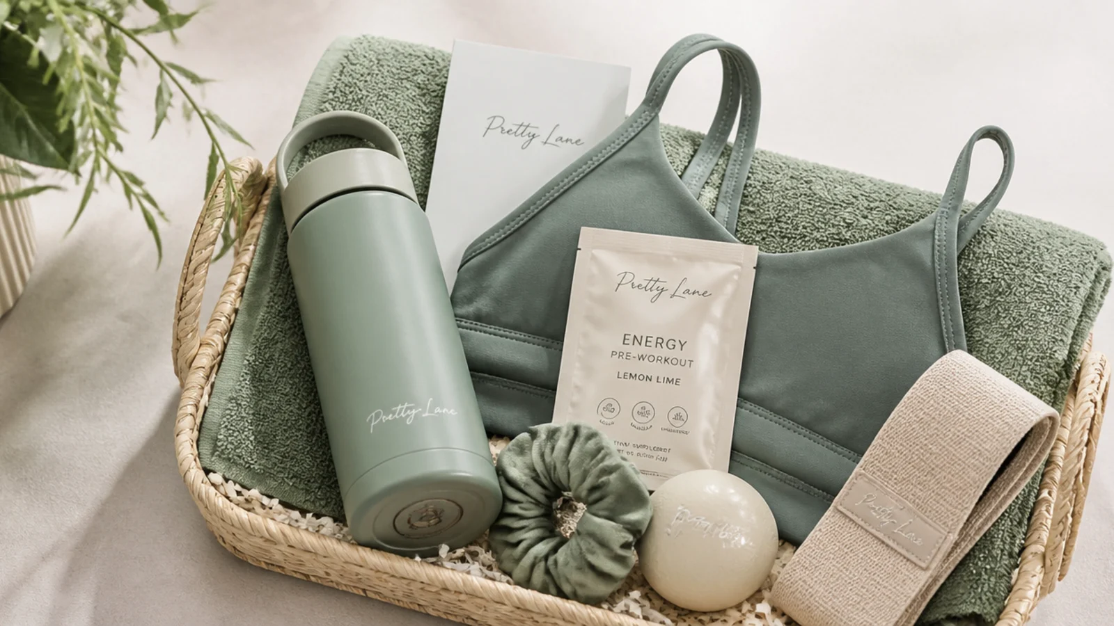 Faceless overhead of a neatly styled gym gift basket with a folded towel base and matched sage tones