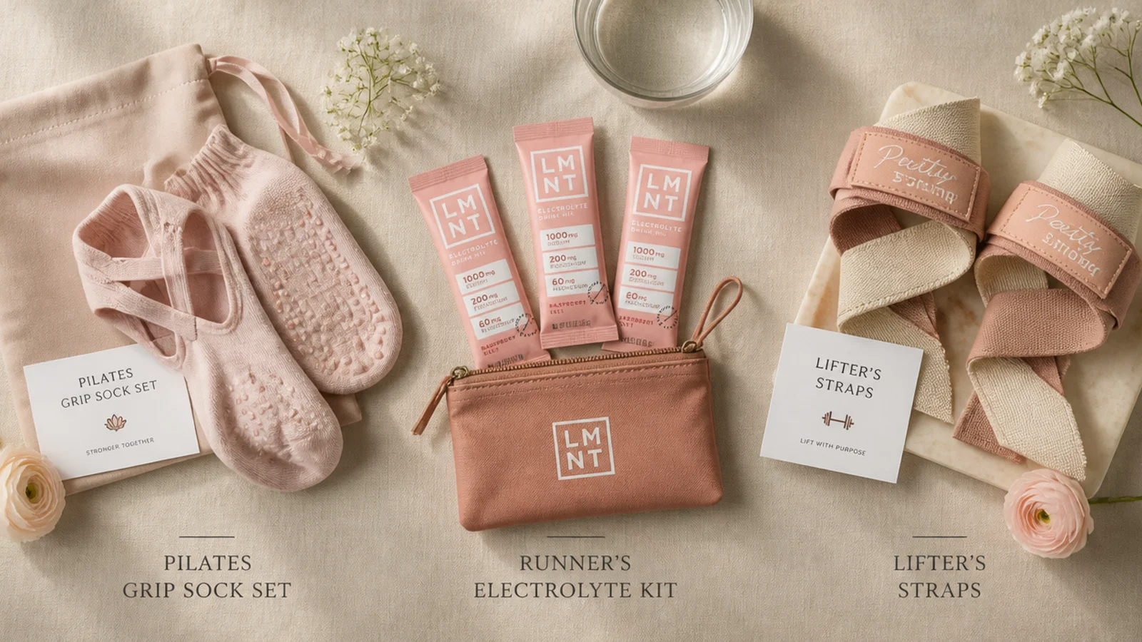 Faceless flat lay comparing a Pilates grip sock set, a runner's electrolyte kit and a lifter's straps