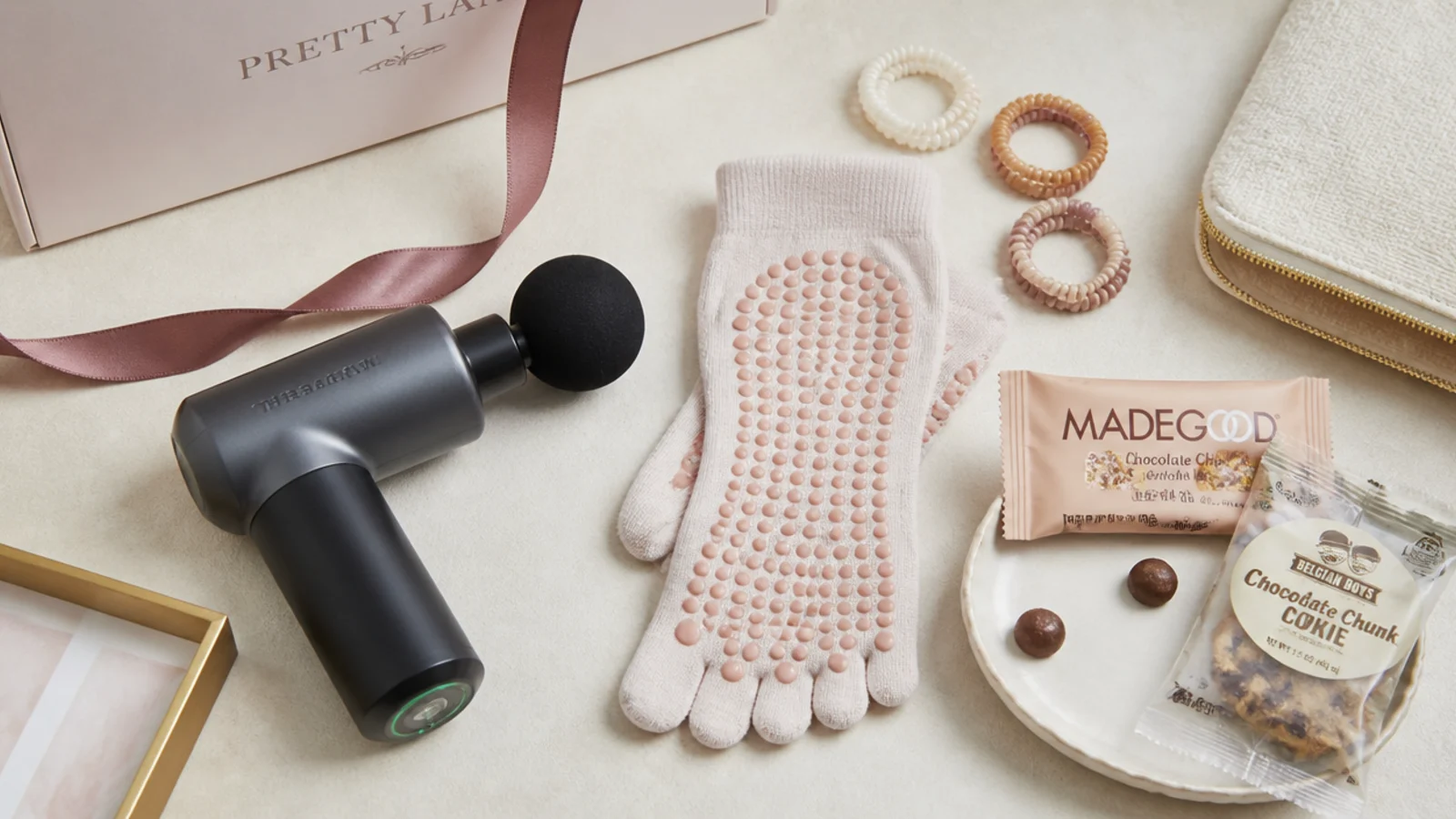 Faceless flat lay showing a splurge massage gun beside budget grip socks, hair ties and snacks