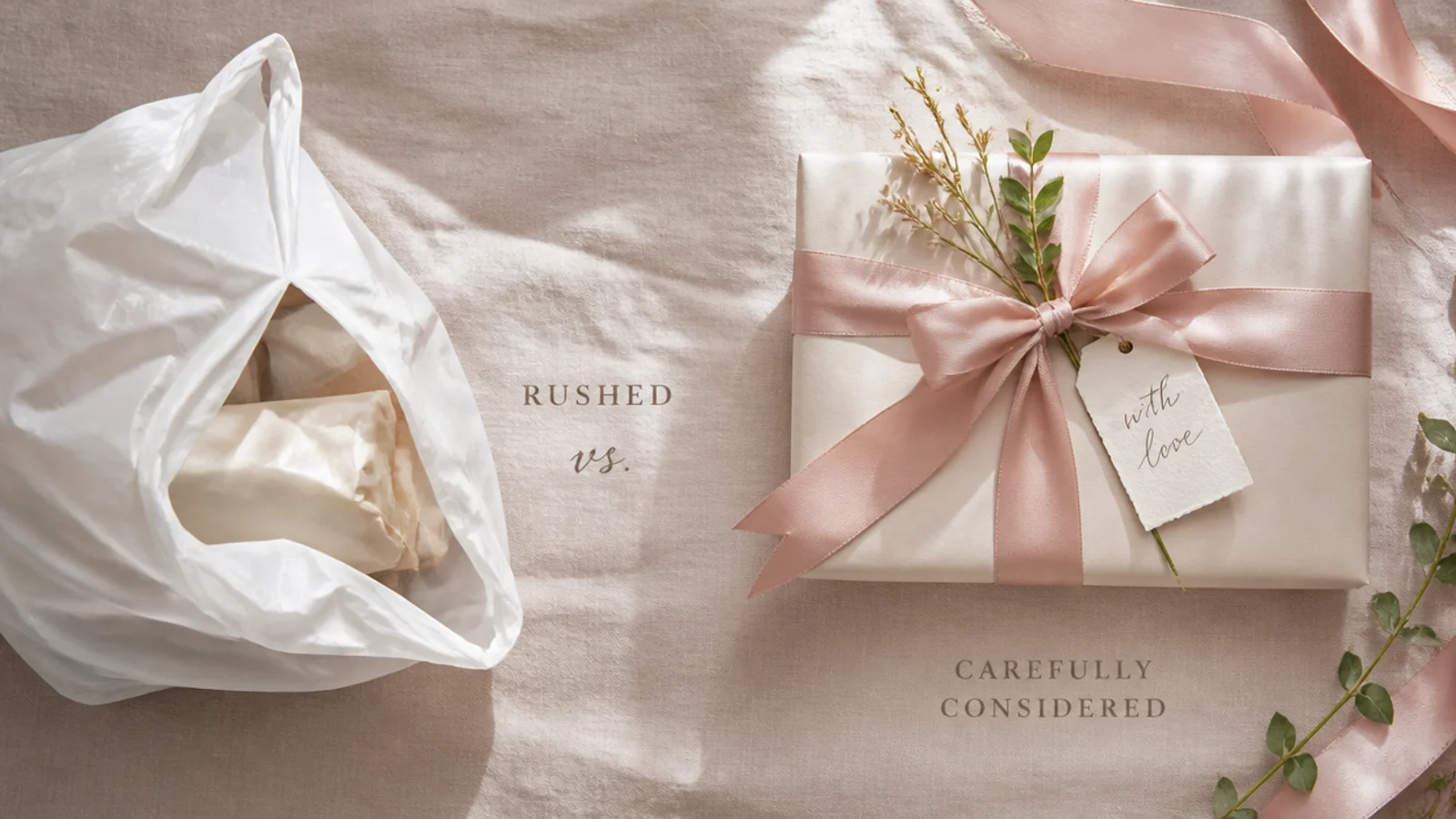 Faceless flat-lay contrasting a rushed plastic-bag gift with a carefully wrapped one on linen