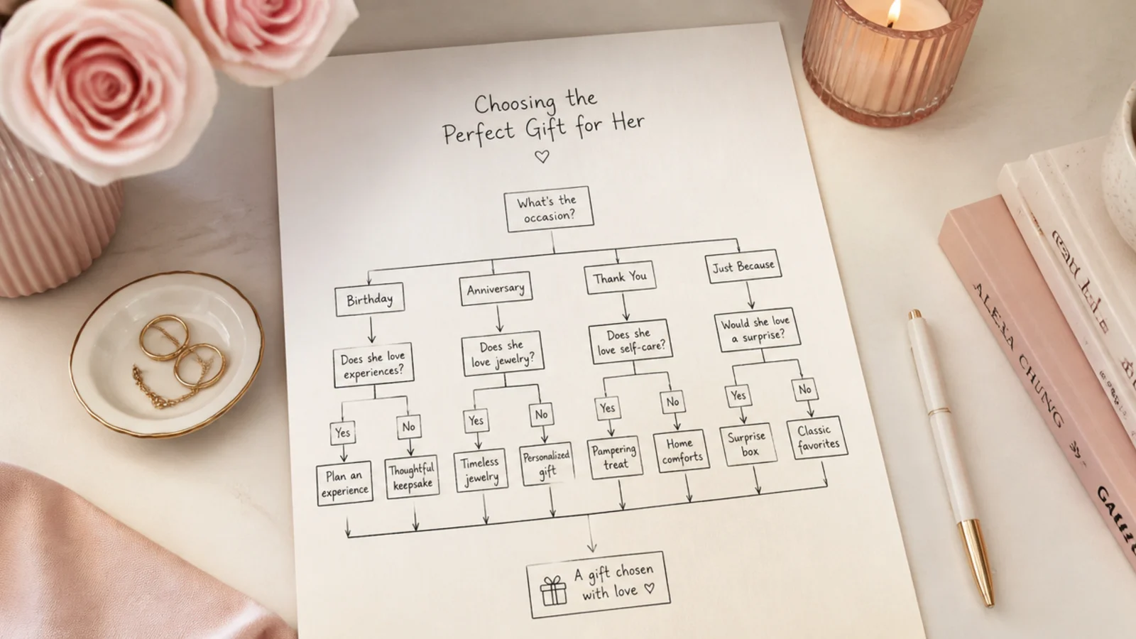 Faceless flat-lay of a simple flowchart sketch for choosing a gift for her on cream paper