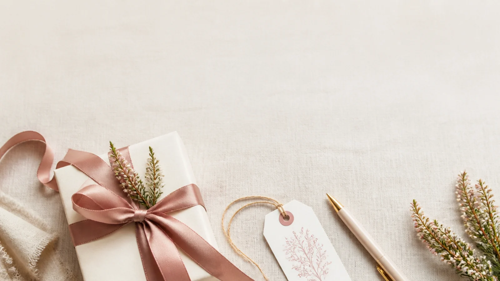 Faceless flat-lay of a small wrapped gift, a gift tag and a pen on a linen background with the title how to choose a gift for her