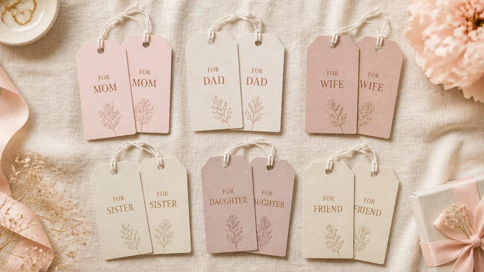 Faceless flat-lay of price tags grouped by relationship on a cream linen background