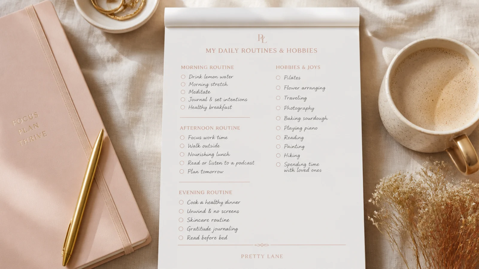 Faceless flat-lay of a notepad listing a woman's daily routines and hobbies beside a coffee cup on cream linen