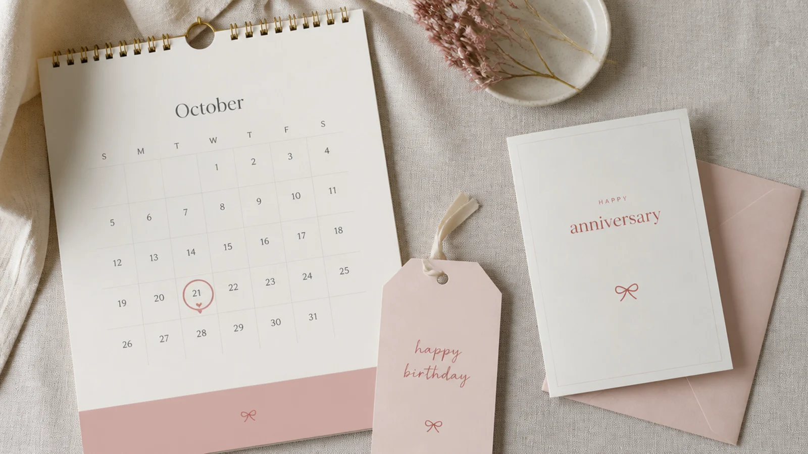 Faceless flat-lay of a calendar, a birthday tag and an anniversary card arranged on a linen surface