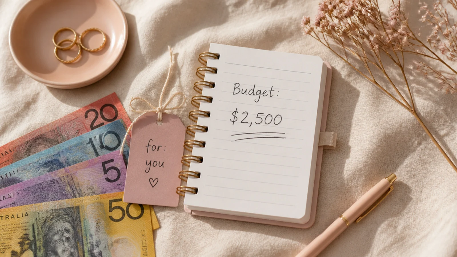 Faceless flat-lay of banknotes, a price tag and a small notebook with a budget figure on cream linen
