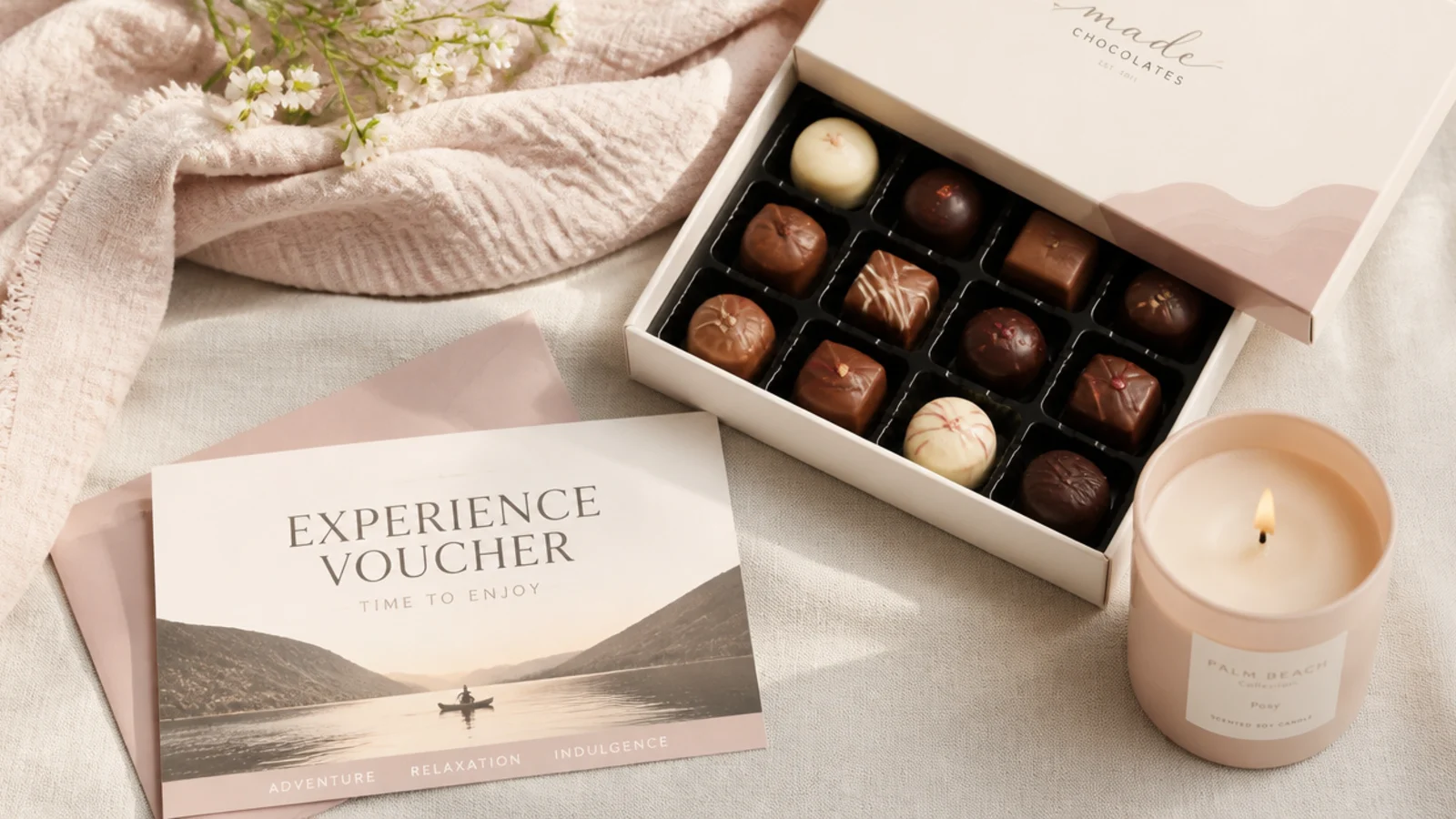 Faceless flat-lay of an experience voucher, a gourmet chocolate box and a candle representing safe gifts for someone hard to buy for