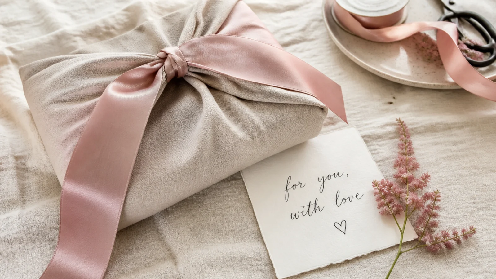 Faceless flat-lay of a gift wrapped in fabric with a satin ribbon and a handwritten note on cream linen