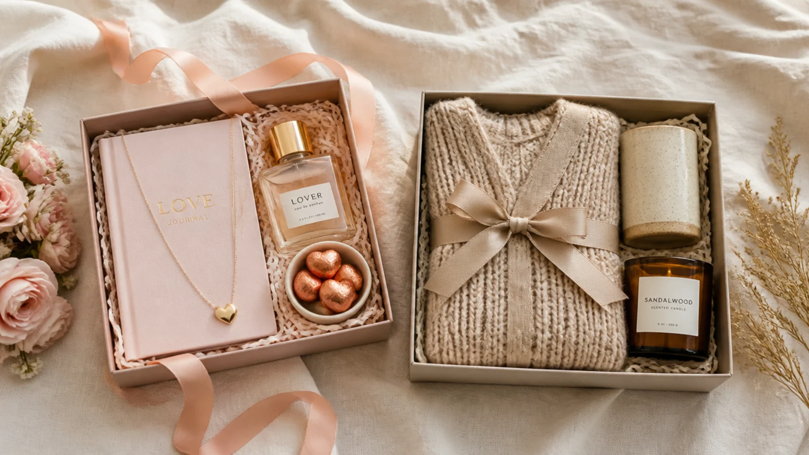 Faceless flat-lay of two gift setups side by side, one romantic and one cozy, on linen