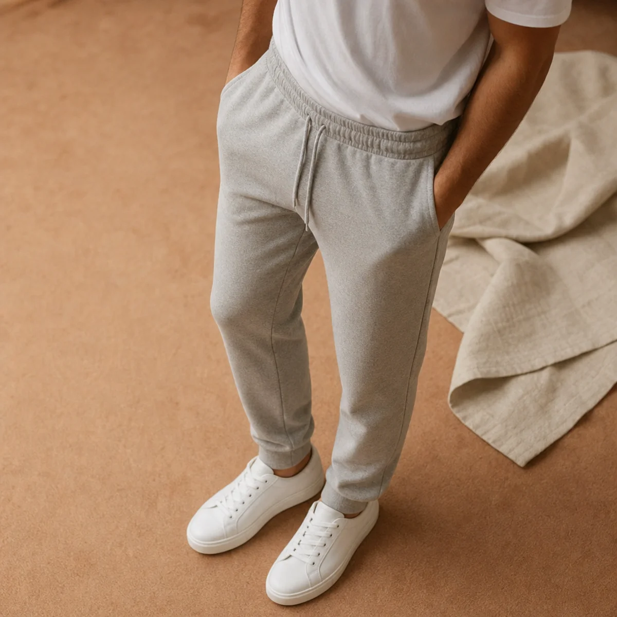 Faceless waist-down shot of grey sweatpants with a tucked-in crisp white tee and white low-top trainers