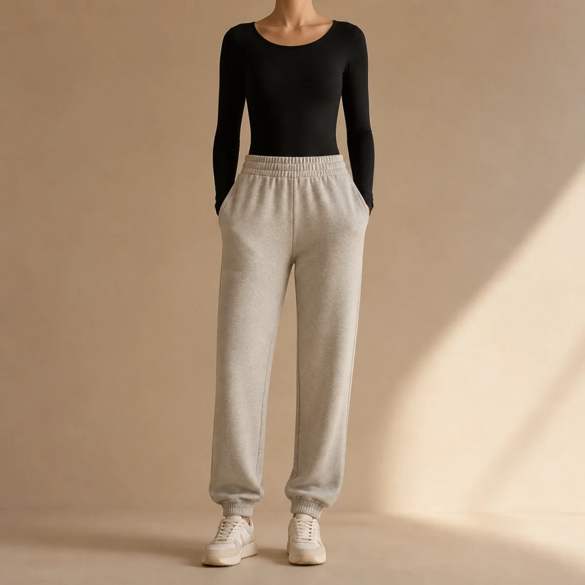 Faceless waist-up shot of a fitted black bodysuit tucked into high-waisted grey sweatpants