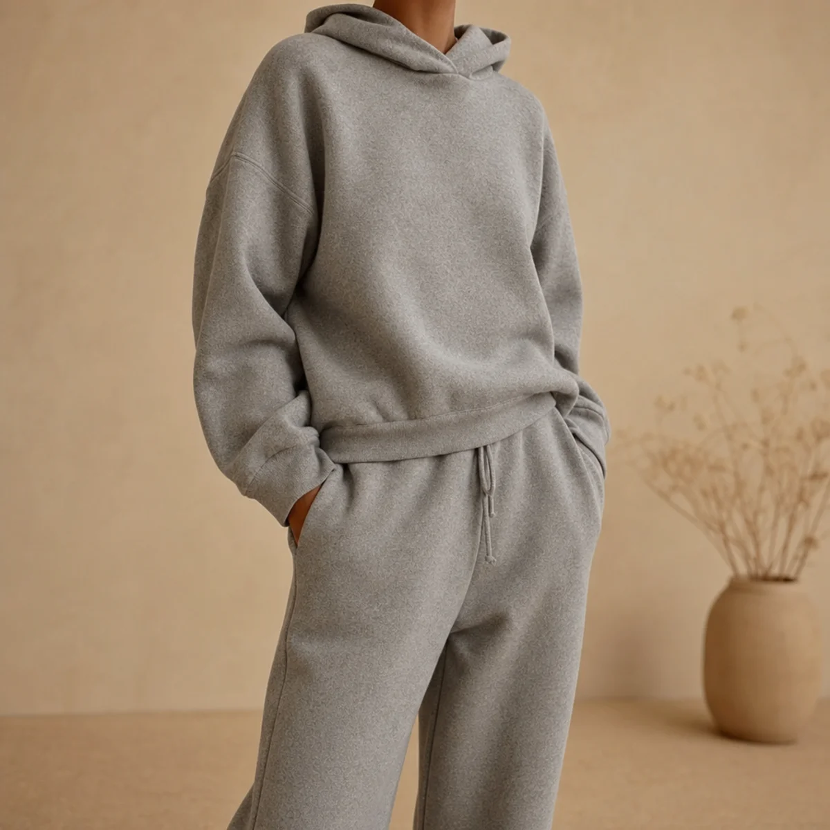 Faceless waist-up shot of a matching grey hoodie and grey sweatpants worn as a tonal set