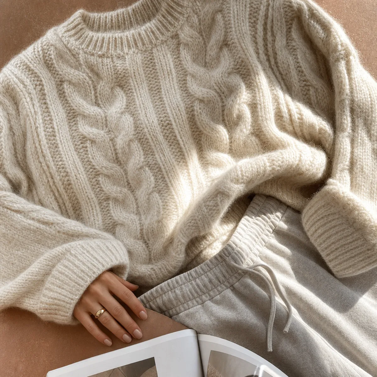 Faceless waist-up shot of an oversized cream cable-knit jumper with soft grey sweatpants