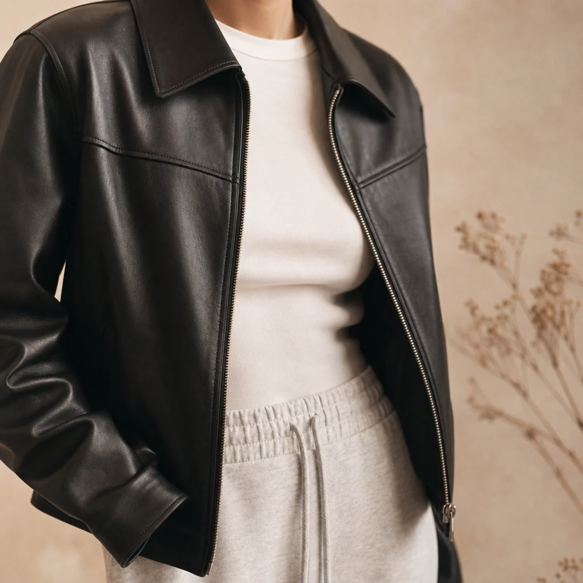 Faceless waist-up shot of a fitted black leather jacket over a white top with grey sweatpants