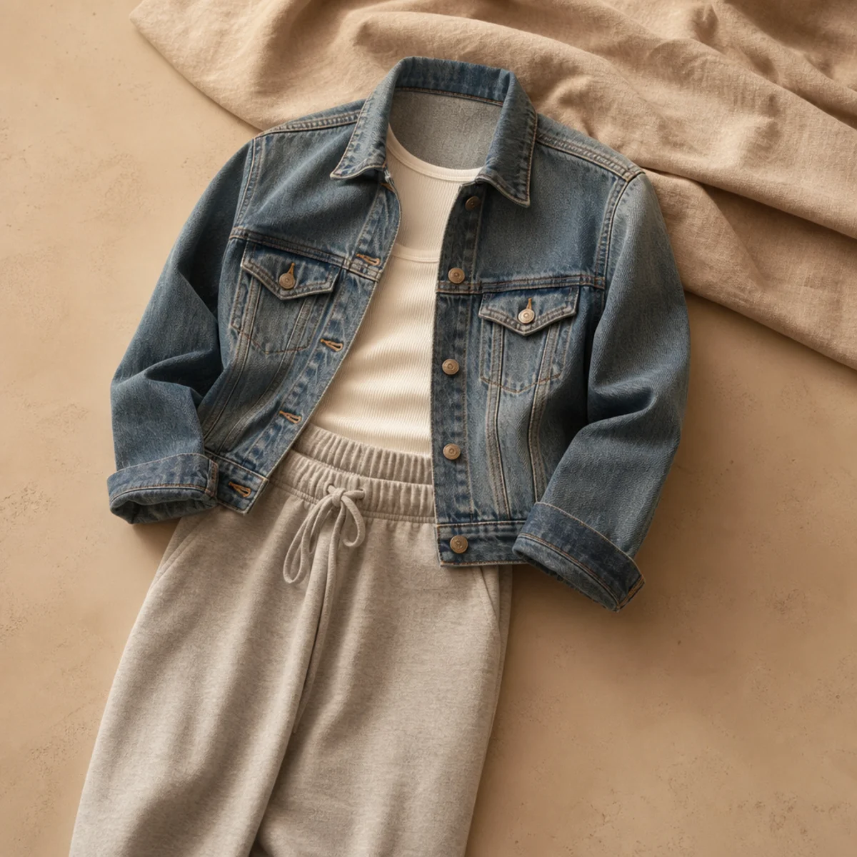Faceless waist-up shot of a mid-wash denim jacket over a white tank with grey sweatpants