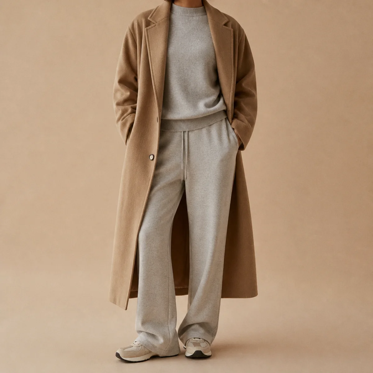 Faceless full-length shot of a camel wool coat worn open over grey sweatpants and a knit top