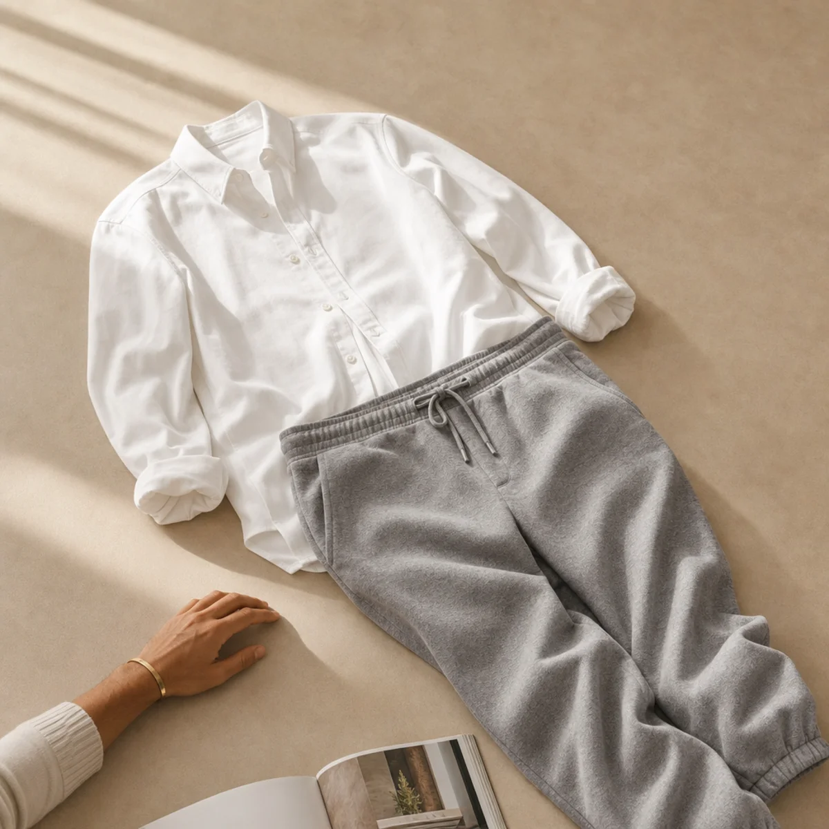 Faceless waist-up shot of a crisp white button-down shirt with tapered grey sweatpants