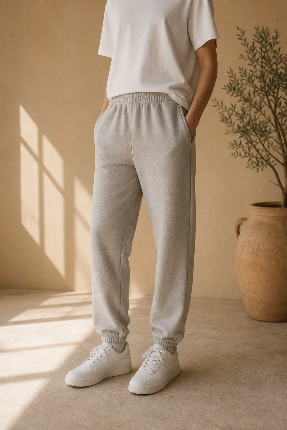 Faceless chic grey sweatpants outfit with a cream knit and white trainers