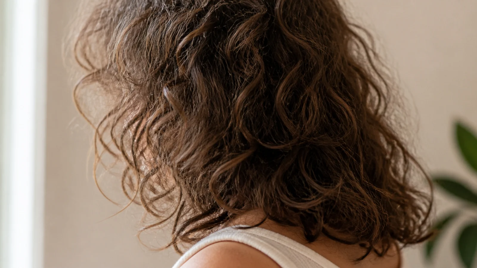 Frizzy curly hair aesthetic with a soft halo of flyaways above loose 2C curls at collarbone length