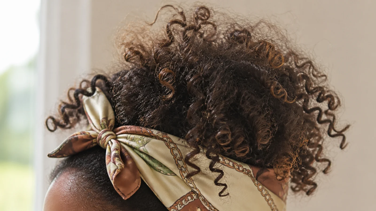 Folded silk scarf headband tied over frizzy curly hair with the halo left visible above it