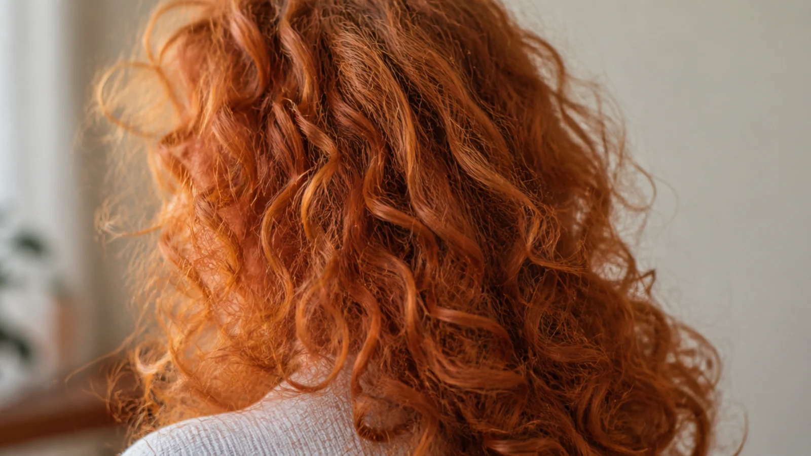 Copper toned frizzy curly hair photographed in warm indoor light with a glowing red halo