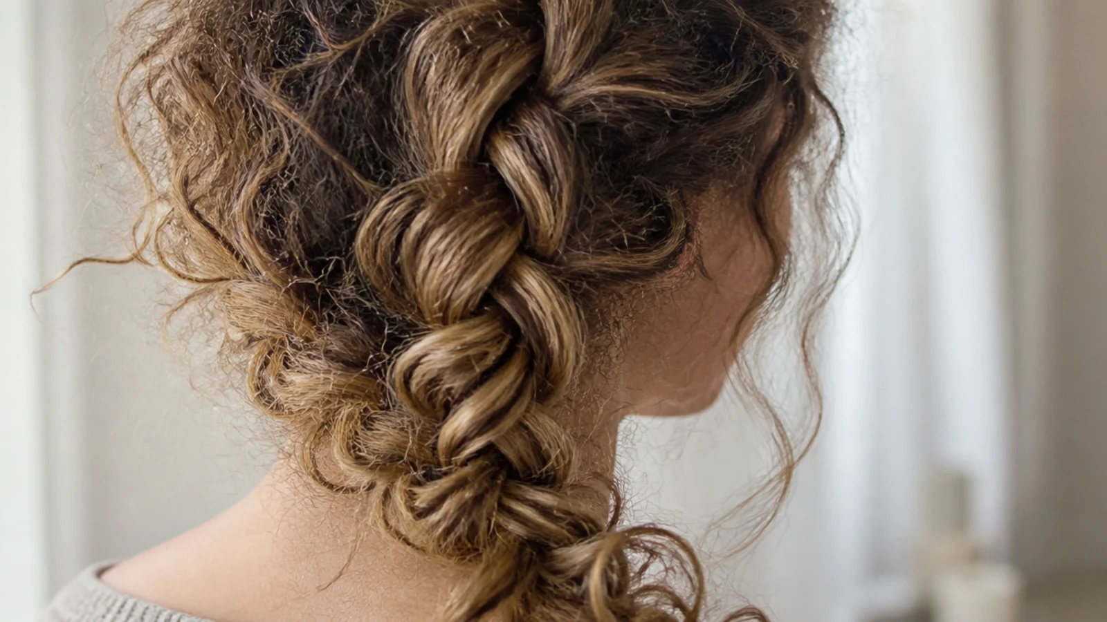 Loose side braid on frizzy curly hair with the plaits pancaked wide and halo frizz left visible