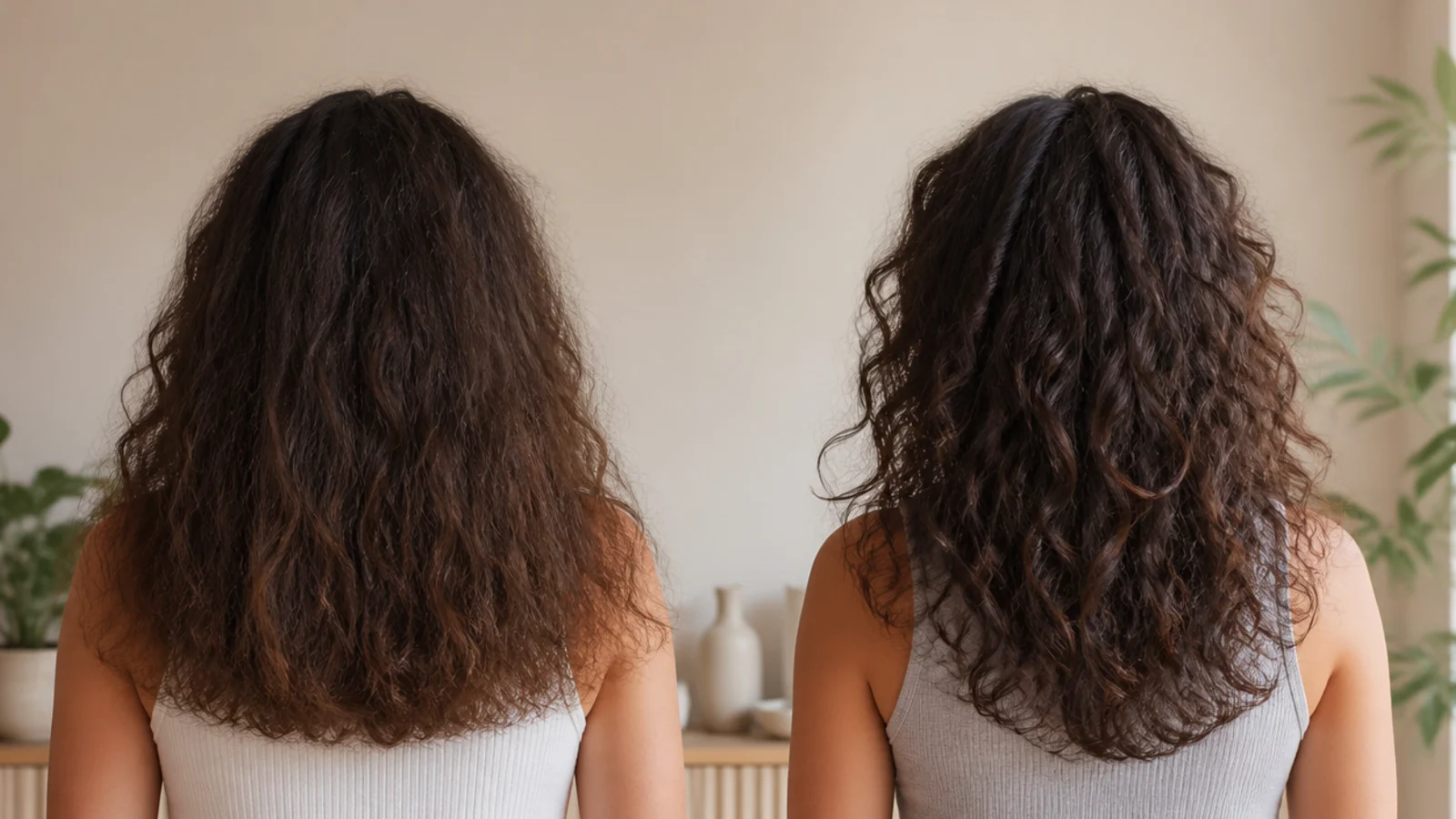 Two frizzy curly haircuts compared, one with blunt heavy ends and one with internal layers