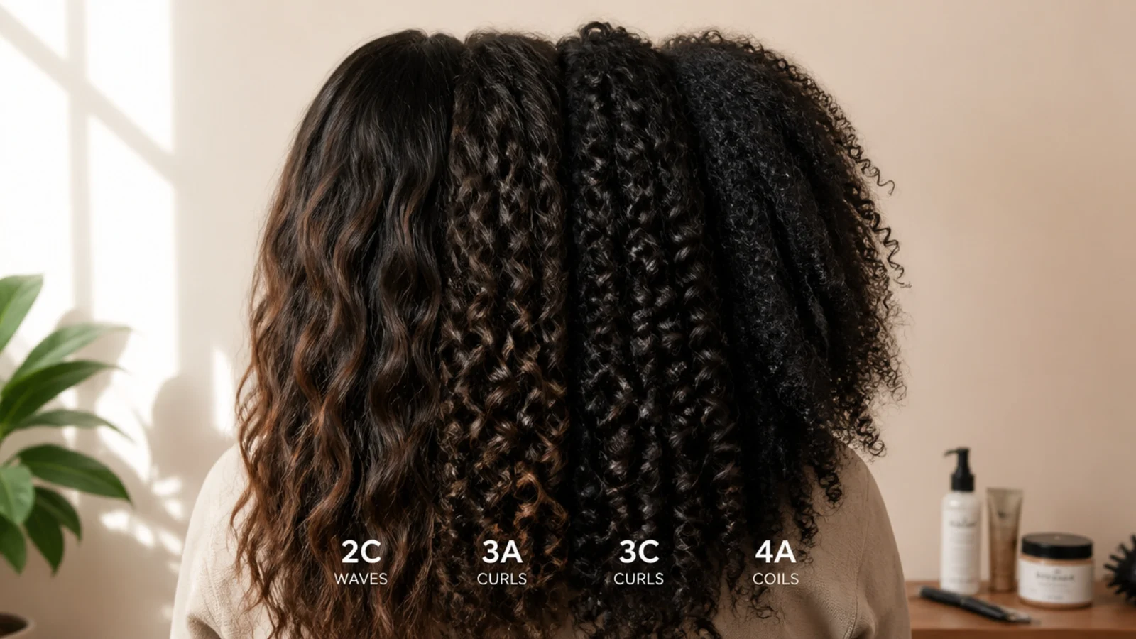 Four hair sections compared showing 2C waves, 3A curls, 3C curls and 4A coils with different frizz patterns
