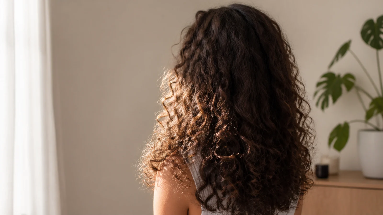 Frizzy curly hair aesthetic with a backlit halo of loose flyaways around defined 3A curls