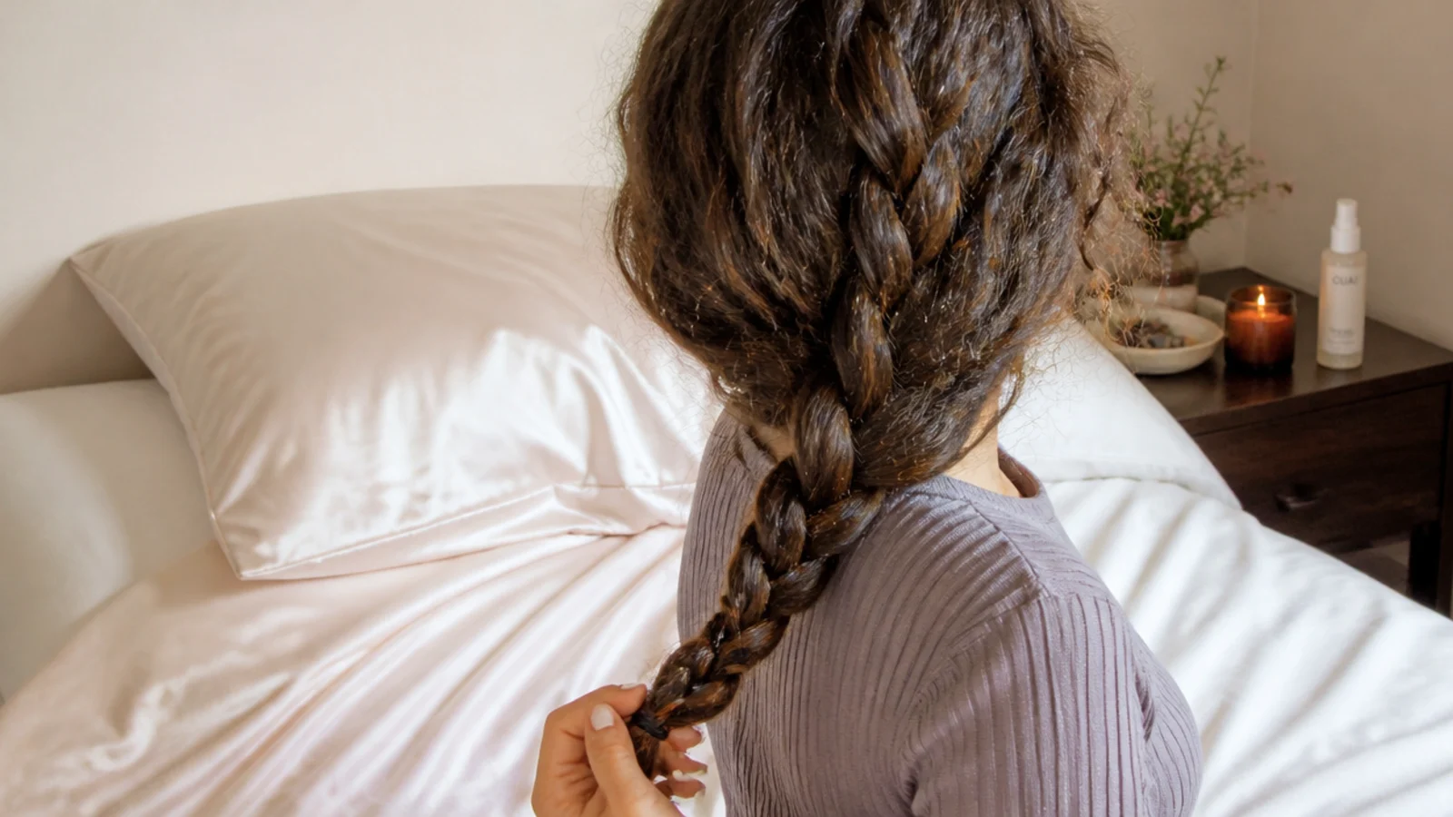 Silk pillowcase and a loose overnight braid protecting frizzy curly hair from sleep frizz