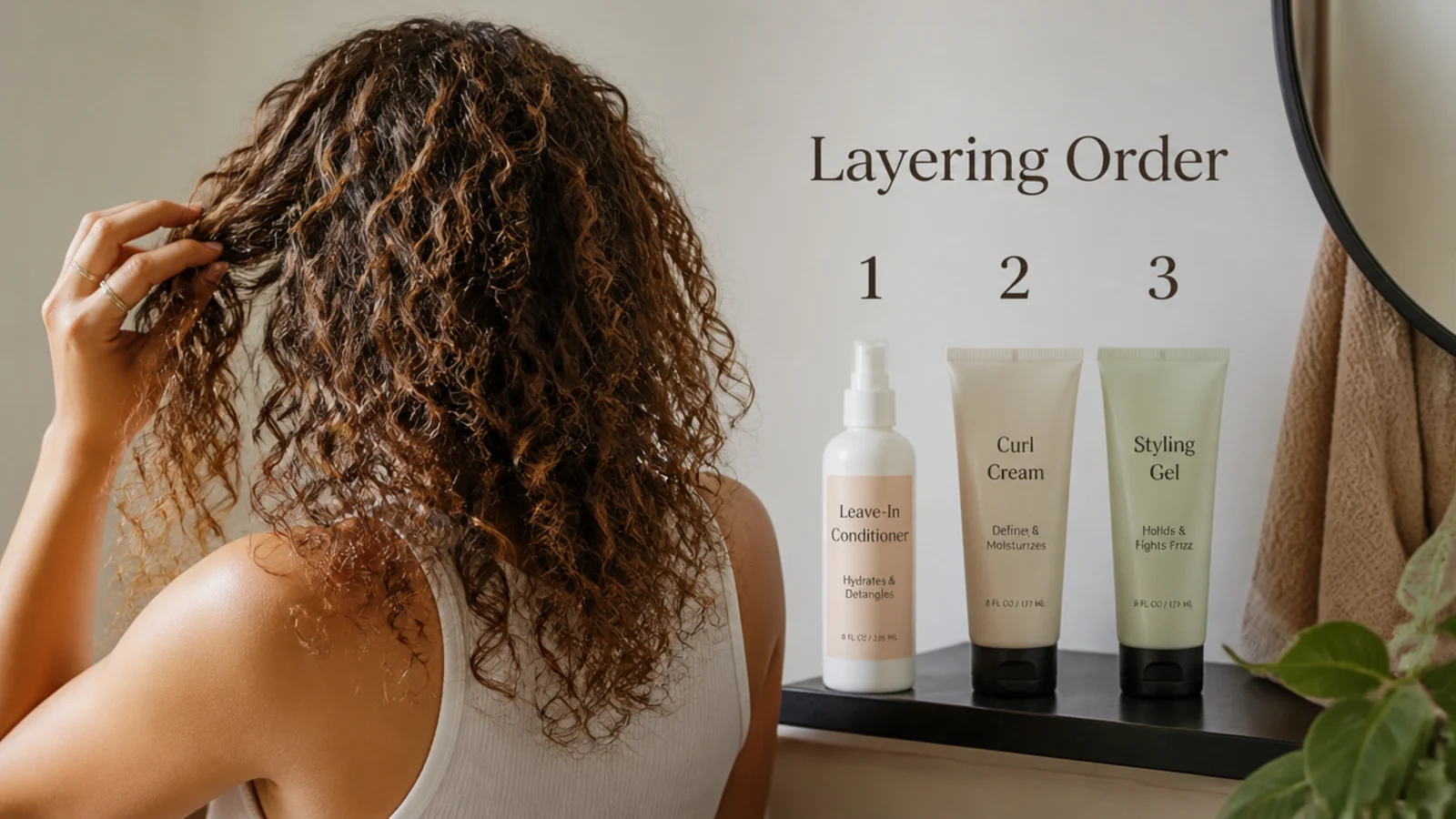Leave-in conditioner, curl cream and styling gel lined up in the layering order for frizzy curly hair