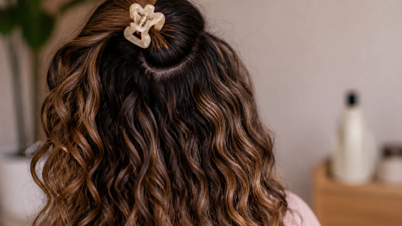 Diffused curly hair with root clips creating lifted volume at the crown and defined lengths