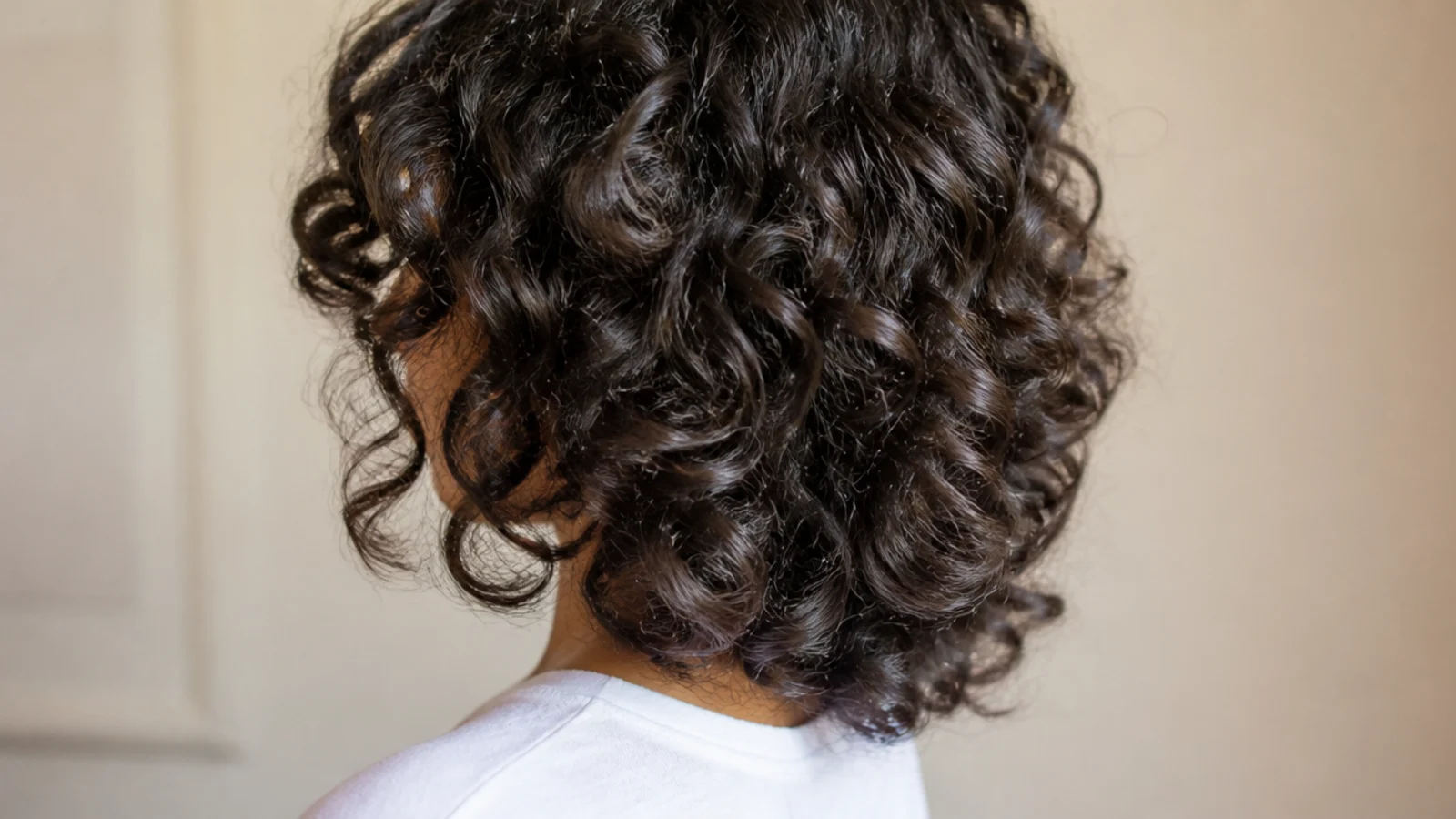 Curly hair plopped in a cotton t-shirt wrap producing tight defined spirals with lifted roots