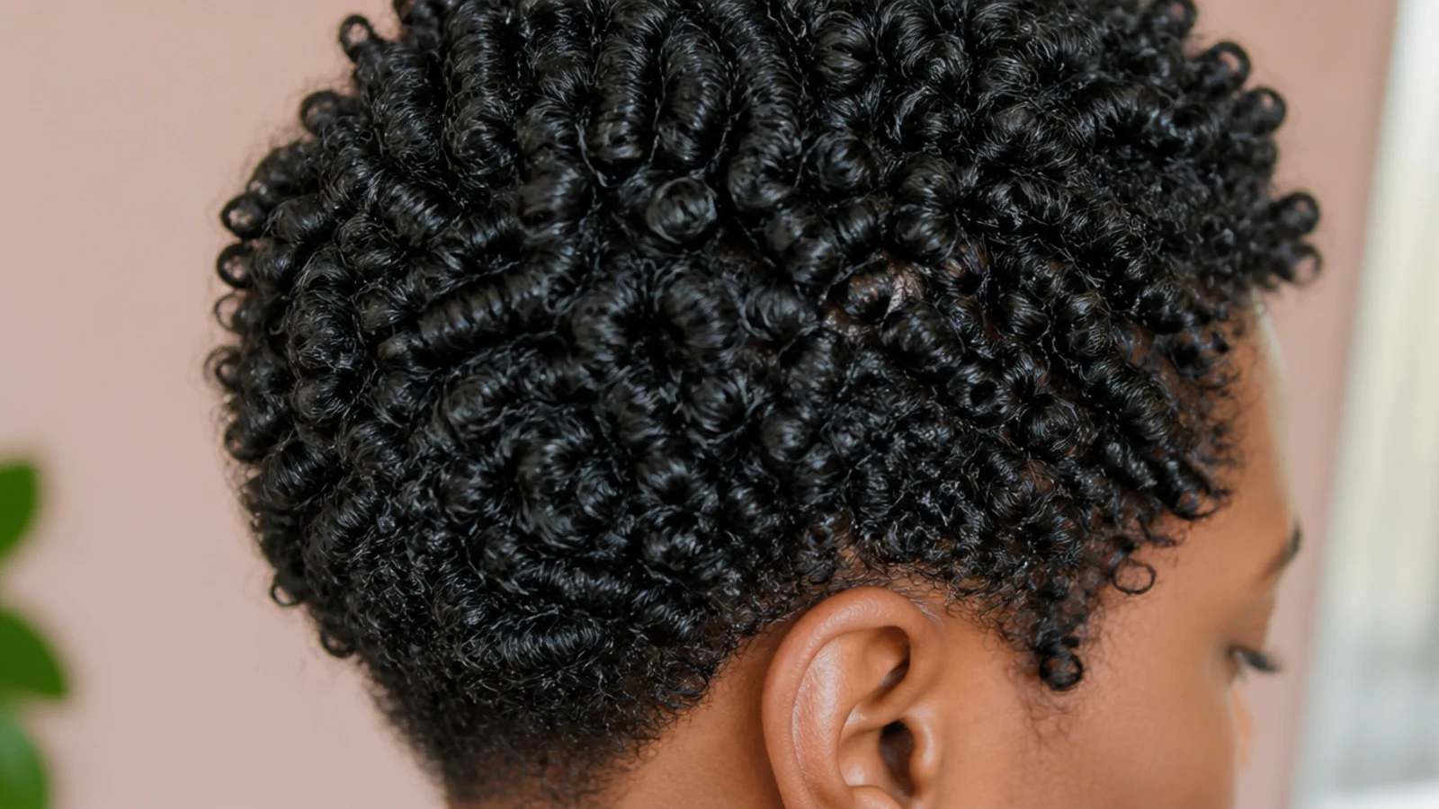 Short 3C hair finger coiled into individual defined spirals with high shine and no halo frizz