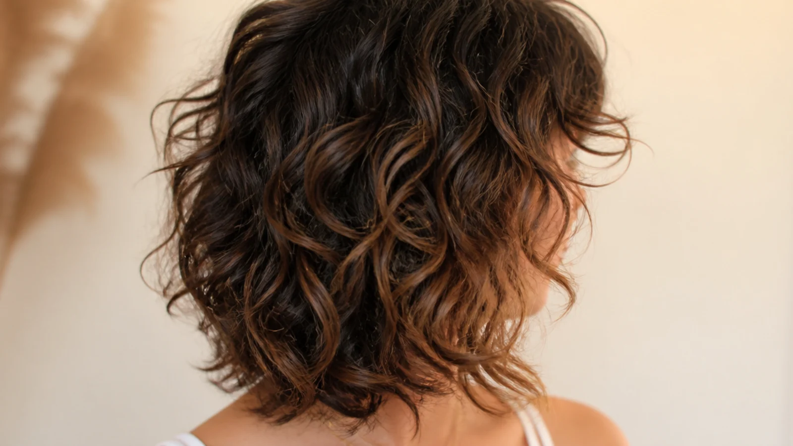 Collarbone length curly shag haircut with curtain bangs framing the face and layered frizzy curls