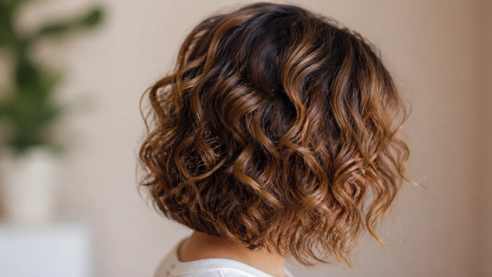 Chin length curly lob with a deep side part and defined spirals with softly diffused volume