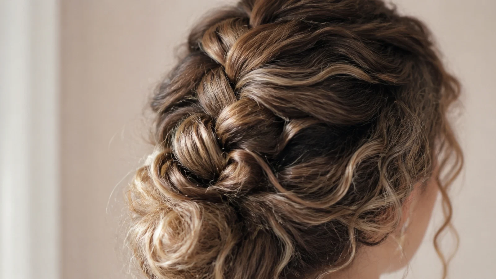 Loose French braid on frizzy curly hair with soft escaped curls and a textured crown